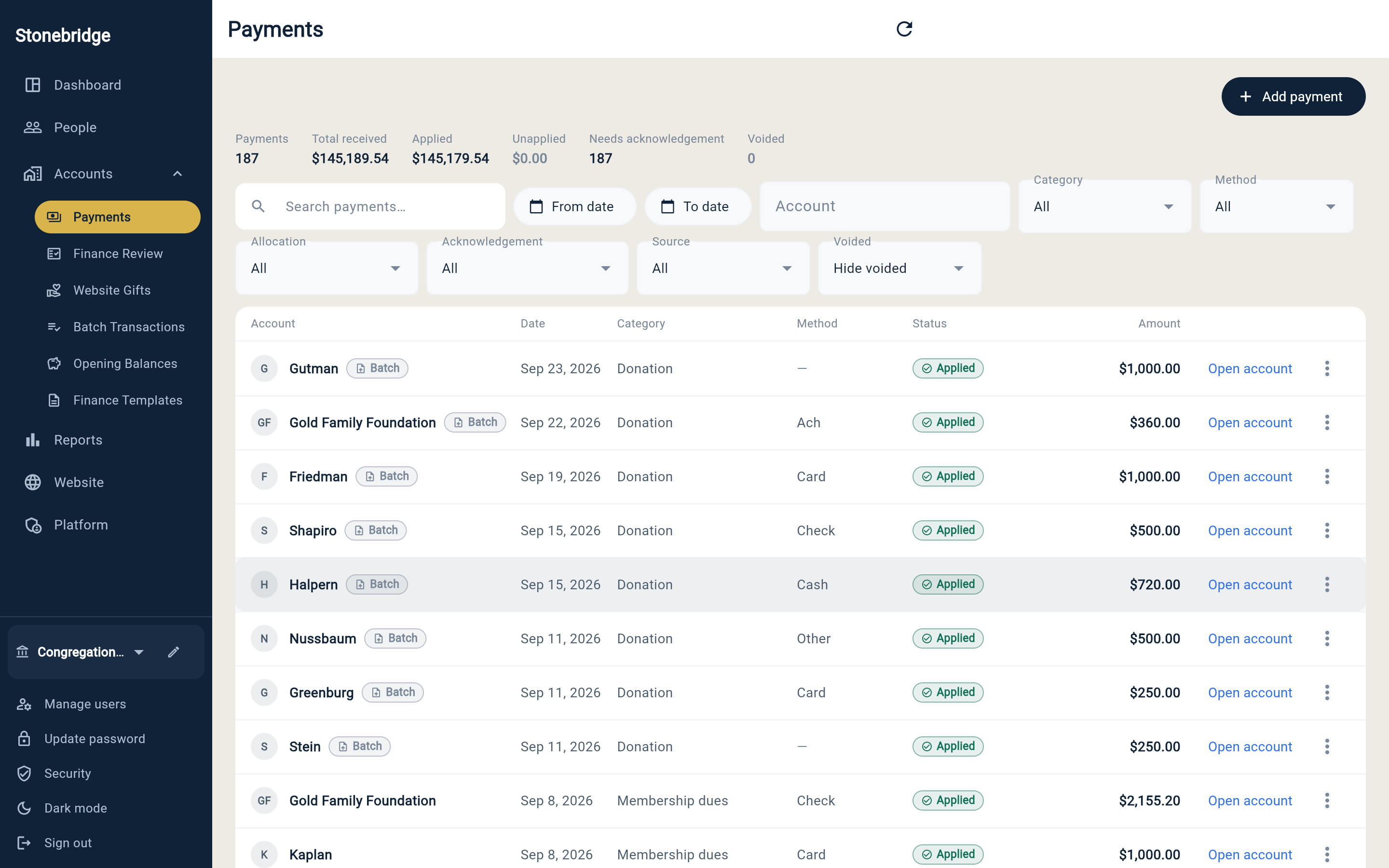 Payments ledger: each payment's method, an Applied status, and its amount.