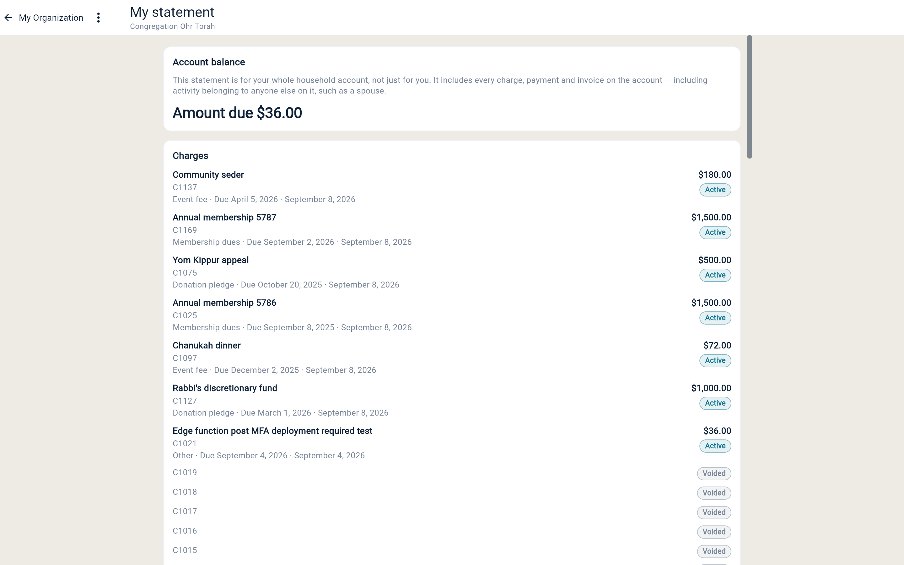 A member's statement in the portal: the My statement header, the account balance card with the amount due, and the first three charges with their amounts.