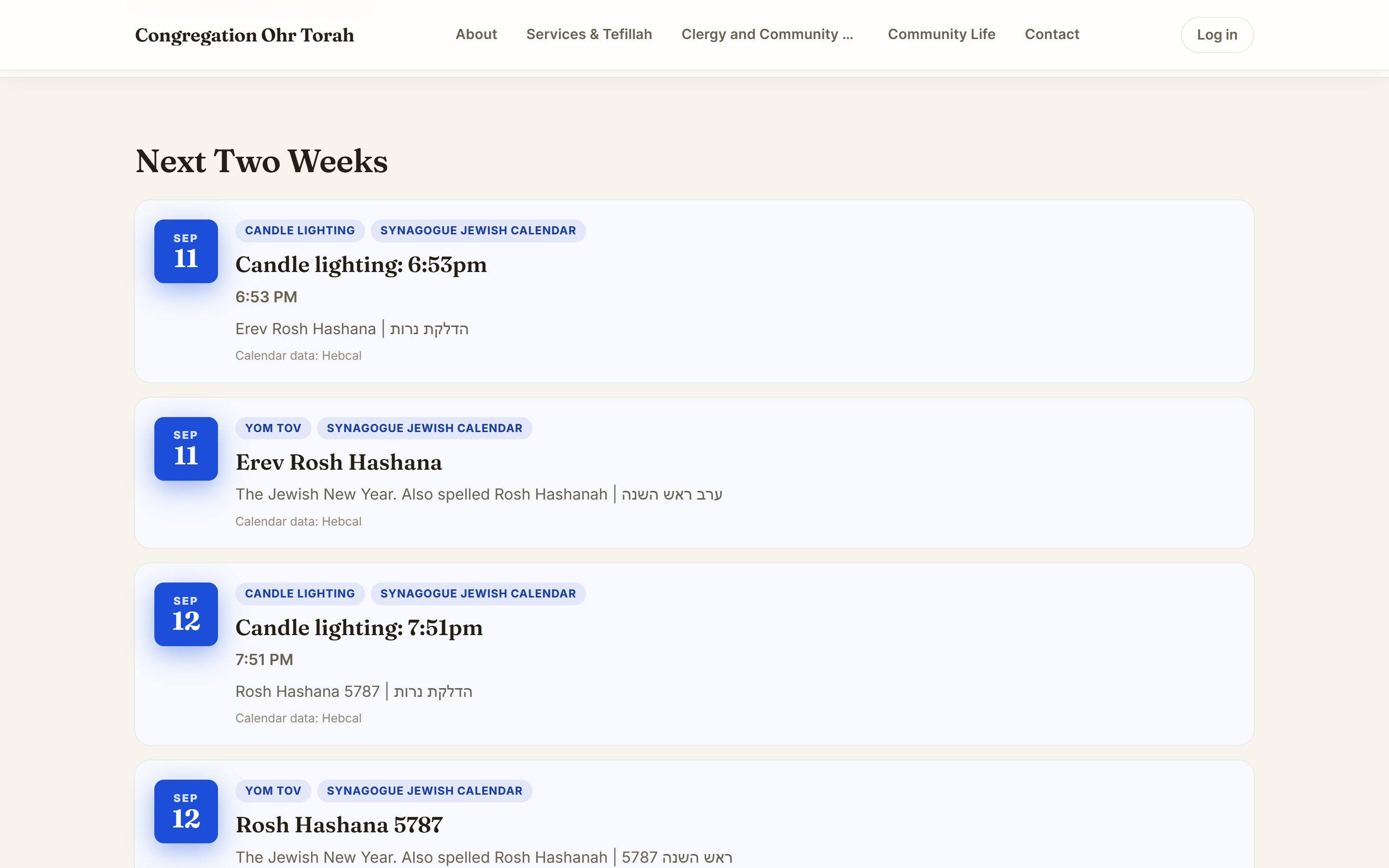 The congregation's public site: its navigation bar and the Next Two Weeks list, with a candle-lighting card giving the time and the Hebrew name and an Erev Rosh Hashana card, each with a date tile.